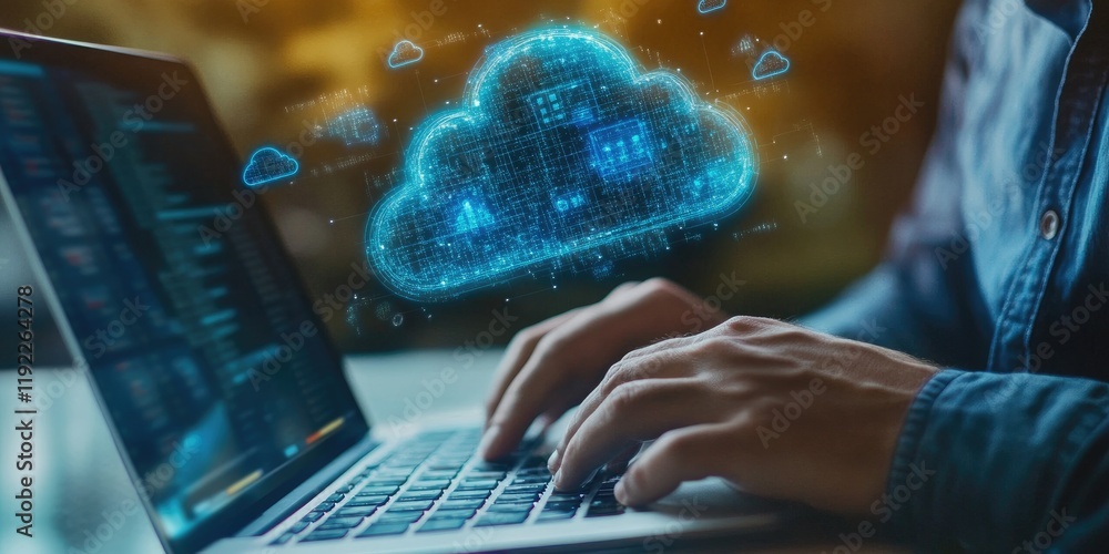 Poster a man working on a laptop with a cloud computing diagram floating above his hand, representing cloud