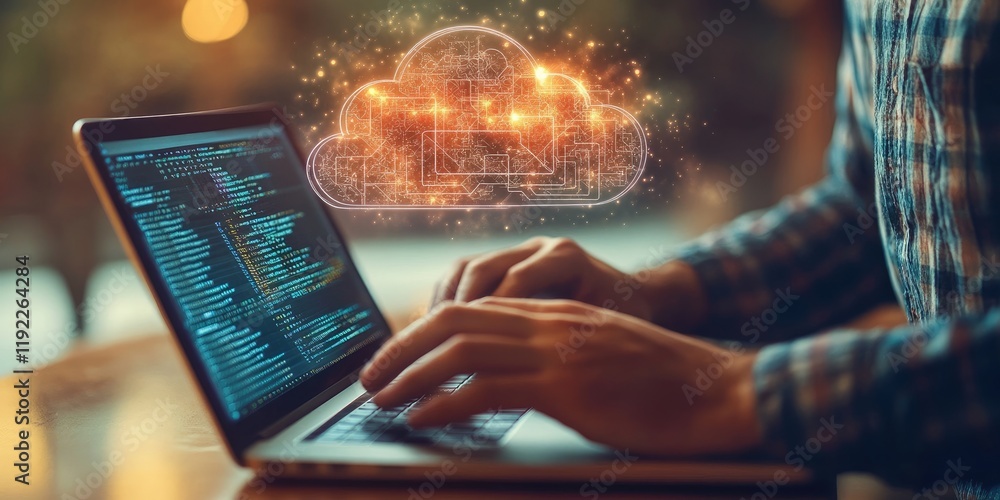 Aufkleber a man working on a laptop with a cloud computing diagram floating above his hand, representing cloud