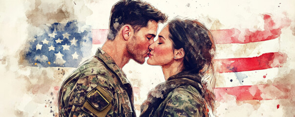 Soldier kissing partner under American flag, expressing love and reunion. heartfelt moment captured in watercolor style, symbolizing devotion and sacrifice