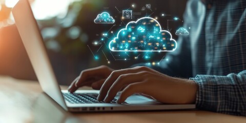 A man working on a laptop with a cloud computing diagram floating above his hand, representing cloud storage, internet services, and networking technology solutions.