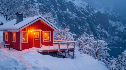 Naklejka premium Cozy Red Cabin in Snowy Mountains: A Winter Wonderland Escape