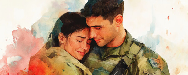 Soldier embracing loved one, expressing deep emotions and connection, showcasing love and support in heartfelt moment. beautiful watercolor illustration