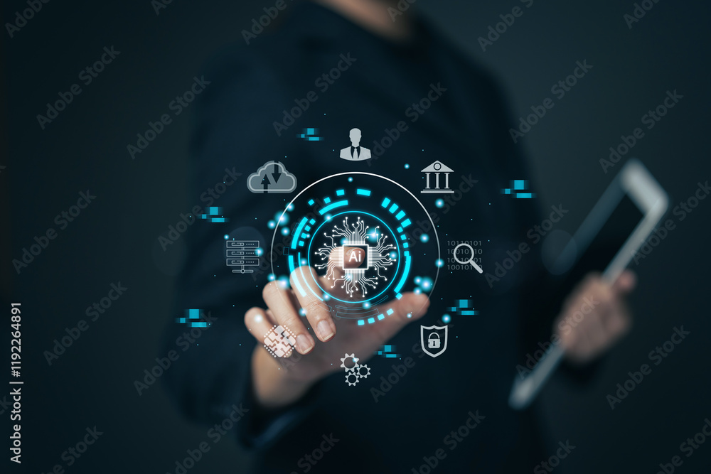 Poster future technology concepts ai development to help work. businessmen use ai to help work. working onl
