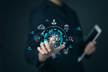 Future Technology Concepts AI Development to Help Work. Businessmen Use AI to Help Work. Working Online with the Internet. Protect Cyber ​​Security with AI..