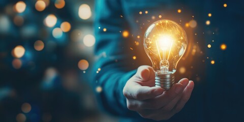 A man holding a glowing light bulb, symbolizing inspiration, creativity, and sustainable innovation in business development.