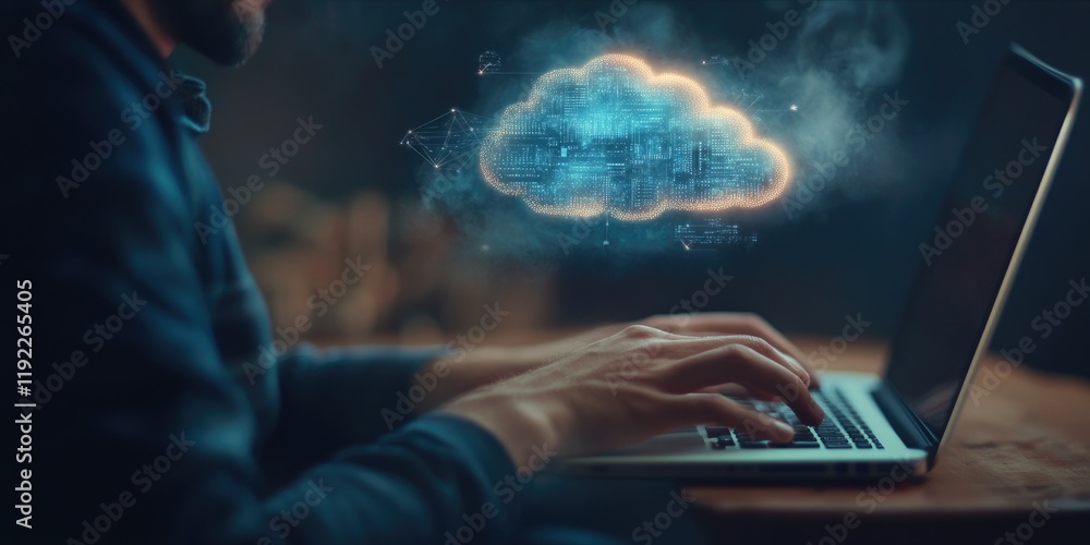 Poster a man working on a laptop, with a floating cloud computing diagram representing online data storage 