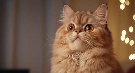 Fototapeta premium Persian cat concept. A fluffy cat with big eyes, gazing curiously at its surroundings in a cozy setting.