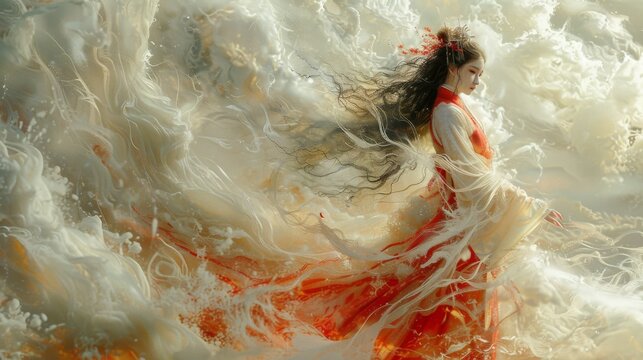 Mythical creatures. Japan myth. Amaterasu Omikami, the majestic goddess of the sun, stands gracefully amidst a swirling vortex of celestial clouds. majestic crown of radiant sunbeams adorns her head,