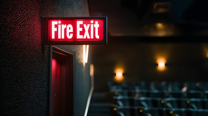 Glowing Fire Exit Sign in Dimly Lit Cinema with Empty Seating and Warm Lighting