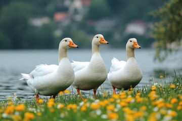 Obraz premium White ducks with orange beaks walking near water surrounded by yellow and green flowers.