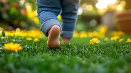 Small child enjoying walking barefoot on green grass with yellow flowers, experiencing nature in a garden