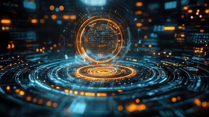 Futuristic digital interface with glowing elements.