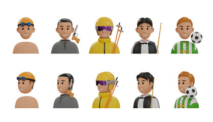 sports avatars featuring male characters in swimming, shooting, skiing, snooker, and soccer activities. 3D Icon High Quality Render