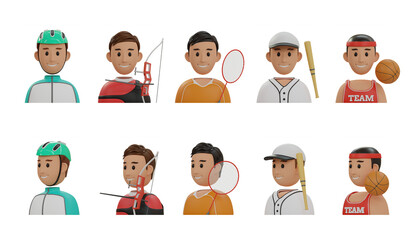 sports avatars featuring male characters in various sports activities such as cycling. 3D Icon High Quality Render