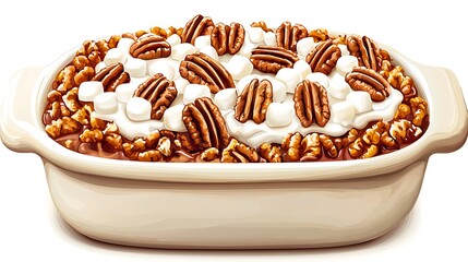 Delicious Pecan Pie Casserole with Marshmallows, Ready to Serve in a Creamy White Baking Dish.