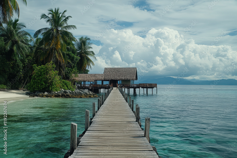 Wall mural A serene wooden pier leads to a tropical overwater bungalow amidst lush palm trees and clouds.