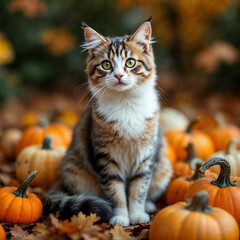 Marble Cat with Pumpkins