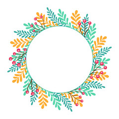 Obraz premium Spring wreath with flowers and leaves. Cute wreath with colorful flowers. Vector illustration. On white background.