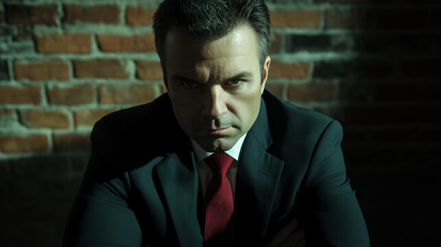 Man in suit with dramatic lighting. Perfect for thriller genre and corporate intrigue