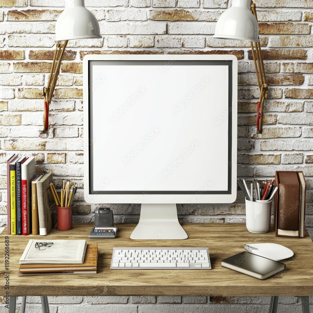 Poster minimalist workspace setup featuring a computer and accessories modern office digital design cozy at