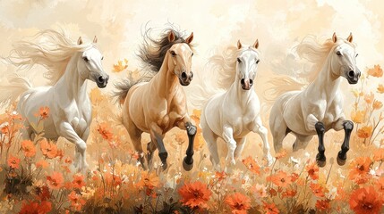 Obraz premium Four horses galloping through a field of flowers.