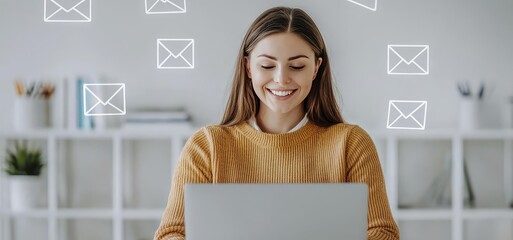 Marketing businesswoman idea. A woman smiling while using a laptop, surrounded by email icons, showcasing remote work.