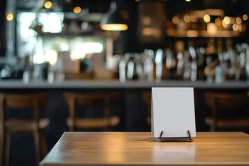 Minimalist menu holder on a table with a soft focus on the kitchen behind.