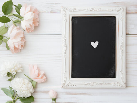a framed heart on a chalkboard 