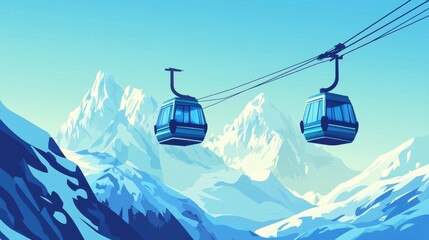 Obraz premium Colorful ski cabin lift for mountain skiers and snowboarders moves in the air on a cableway,ski resort with snowy hill,Skiing and snowboarding,Active vacation weekend,Winter holiday.
