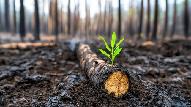 Bright green sprout growing from burnt log in scorched forest symbolizing resilience and recovery in nature