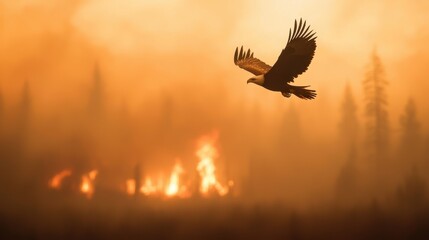 Fototapeta premium Bald eagle soaring above smoky wildfire landscape symbolizing resilience and nature amid environmental destruction