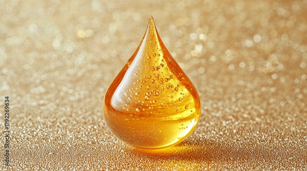 Poster golden liquid drop: abstract macro photography of a glossy, transparent drop with bubbles on a spark