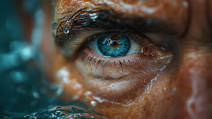 intense gaze of an elderly man submerged in water