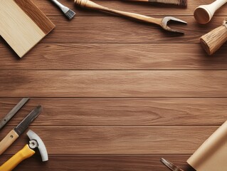 Flat lay of artisan tools and materials on a rustic wooden surface craftmanship and handmade art creative concept