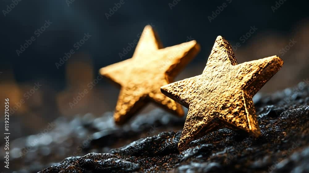 Aufkleber close-up of shimmering golden stars on a textured dark surface, creating a captivating view.