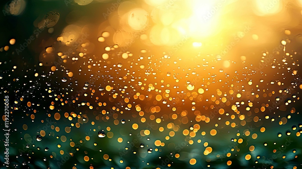 Poster golden rain drops on glass: abstract nature photography. a mesmerizing image of rain drops on a wind