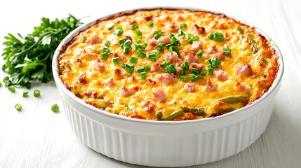 Delicious cheesy green bean casserole with ham in a white baking dish.