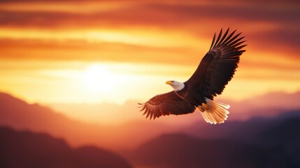 Majestic bald eagle soaring over a canyon with a vibrant sunrise in the background, representing freedom and strength