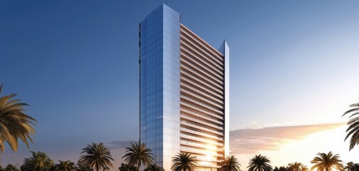 Modern high-rise skyscraper reflecting the sunset urban development progress and architectural innovation future vision