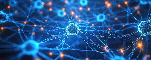 Plexus abstract background concept. Abstract representation of interconnected neurons in blue and orange lighting.
