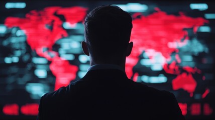 business growth, expansion and optimization concept. A person in a suit observes a red digital world map on a screen.