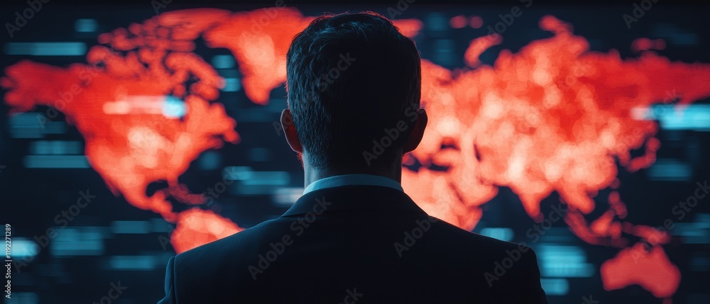 Aufkleber business growth, expansion and optimization concept. businessman analyzing a global map display with