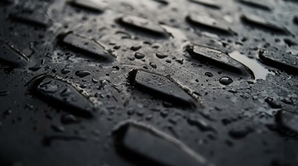 Macro View of Wet Textured Surface with Raindrops Reflecting Light, Perfect for Illustrating Industrial Concepts, Weather Effects, or Rough Environments