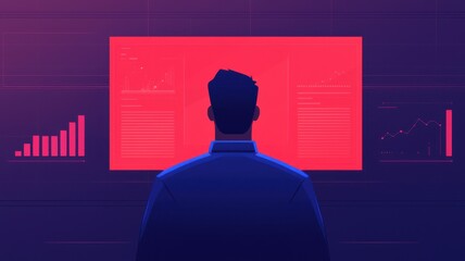 business growth, expansion and optimization concept. A person analyzes data on a vibrant screen with graphs and metrics in a digital environment.