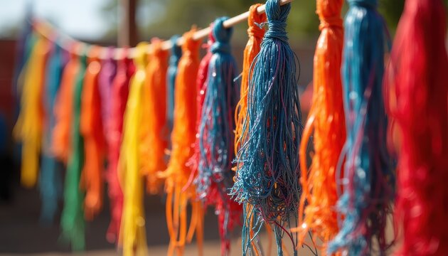 Kite strings coated with manja being hung out to dry in vibrant colors.