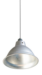 Old round industrial lamp hanging. Vintage Factory Lamp Isolated. Industrial style vintage factory hanging lamps decorated. LED factory light