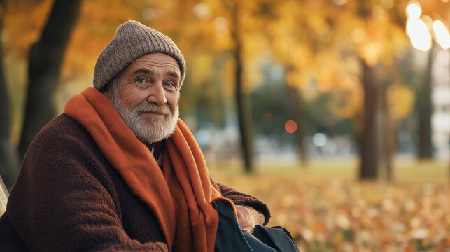 Senior man in autumn park. Represents peaceful retirement and seasonal lifestyle