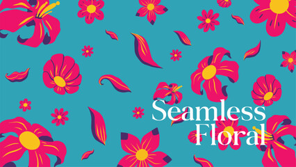 seamless floral pattern with flowers petal hand drawn on blue background