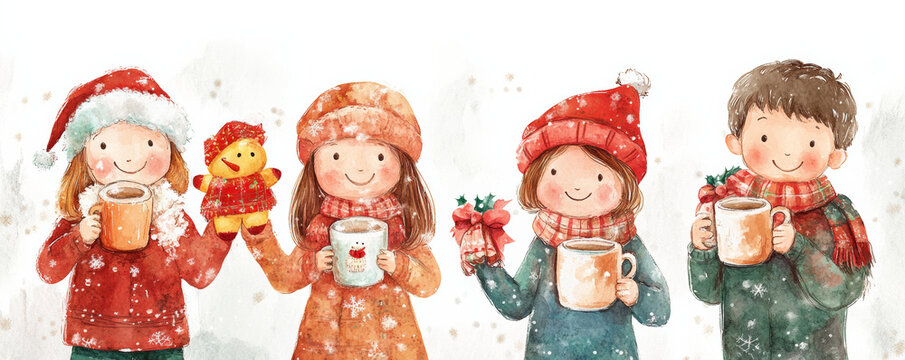 Cozy children holding mugs and plush toys in winter attire, enjoying snowy day together. Their joyful expressions capture warmth of season