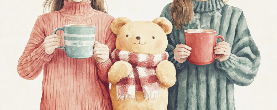 Cozy scene of two children holding mugs with plush bear in between. warm colors and soft textures create heartwarming atmosphere